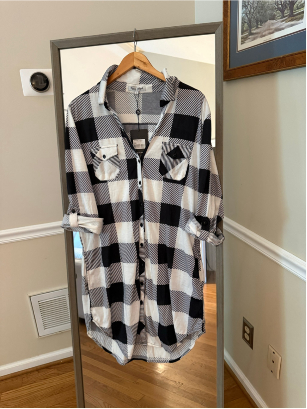 Women's White Mark Button Down Shirt, Size L, Black and White Plaid
